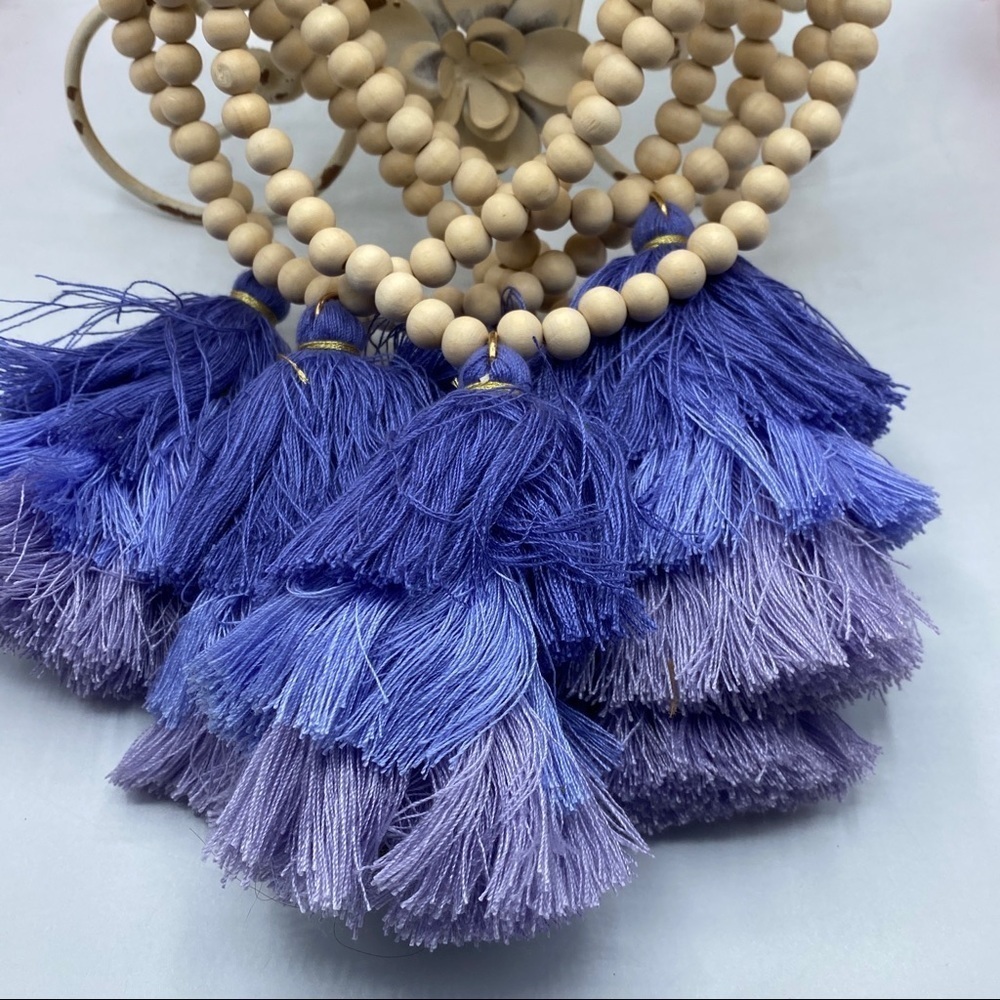 Jane 3tier Wood Bead purple Tassel Necklace - Picture 3 of 10